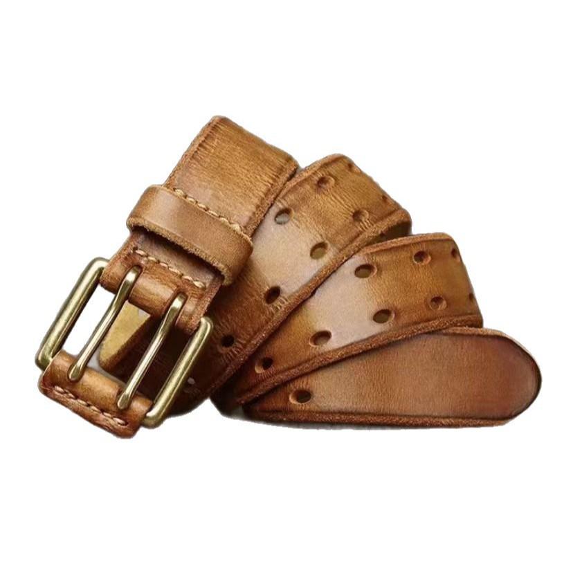 Men's Genuine Leather Belt with Copper Buckle & Double Stitching - Retro & Trendy Design