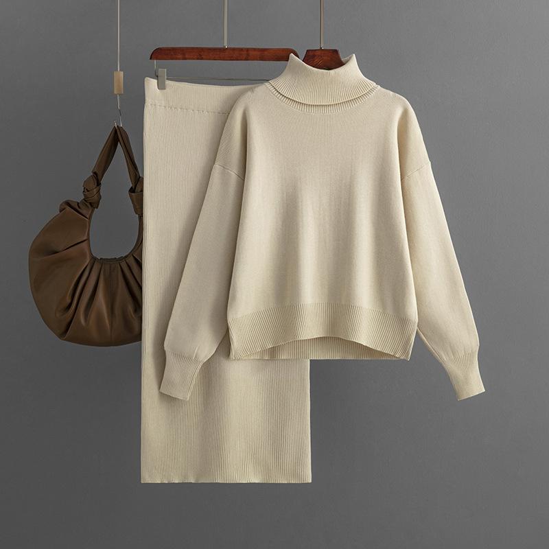 Knitted suit women's new autumn and winter new solid color turtleneck sweater half-body hip skirt two-piece set
