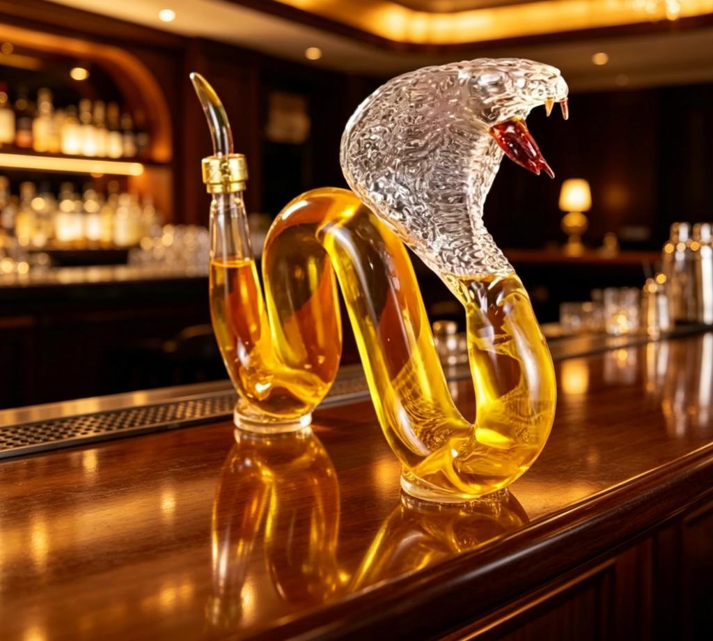 Unique Design Cobra Glass Liquor Decanter - Artistic Bottle for Whiskey Storage, Home Decor and Bar Use