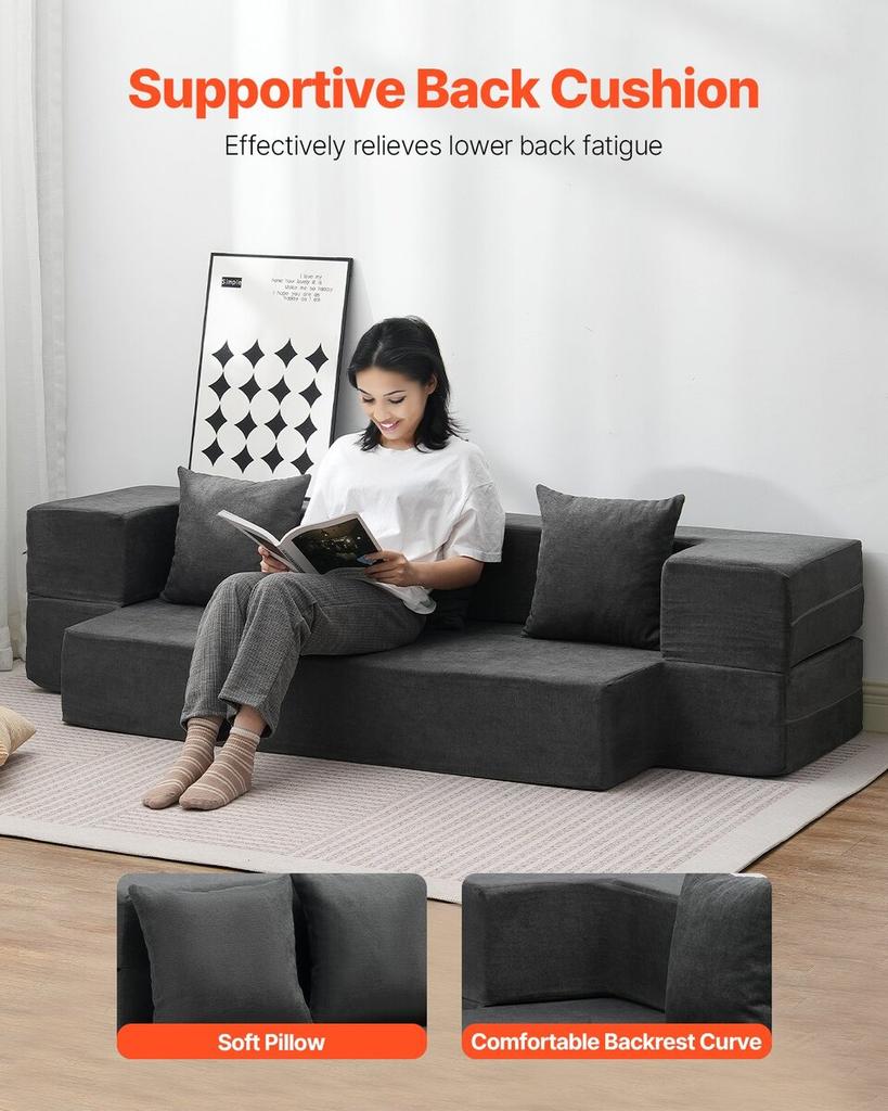 Folding Sofa Bed 3-in-1 Foldable Couch Bed with 3 Pillows Dark Grey Twin