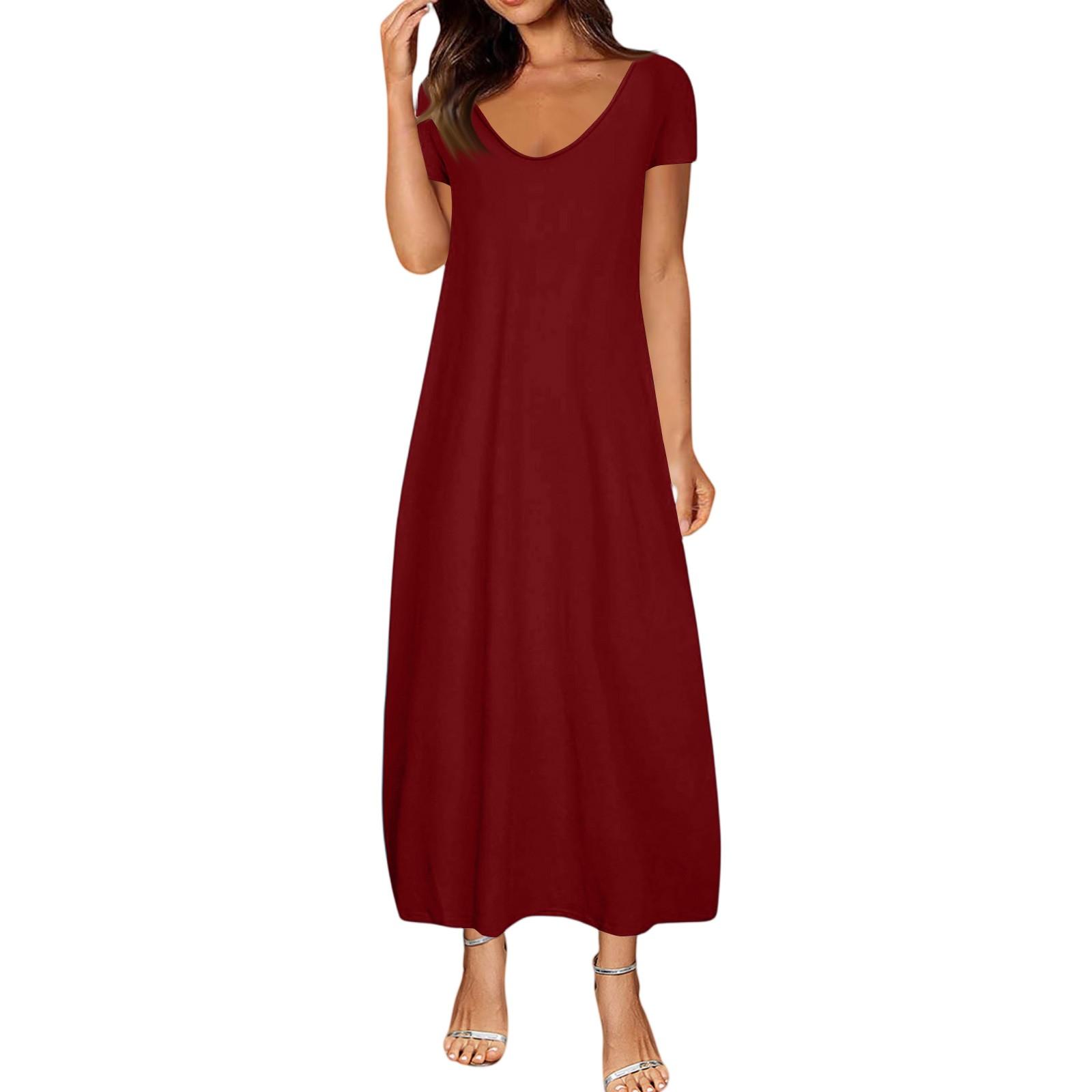 

Женские летние платья больших размеров однотонные сексуальные с коротким рукавом и карманами свободного кроя XL винный