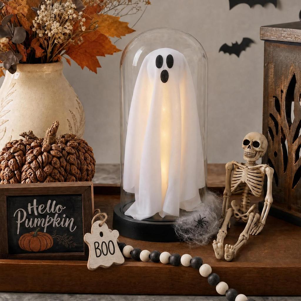 Light Up Ghost in Glass Cloche - Halloween Decorations Indoor with LED Glowing Spooky Figurine Tabletop Centerpiece for Home Party Charming Ghost Gif