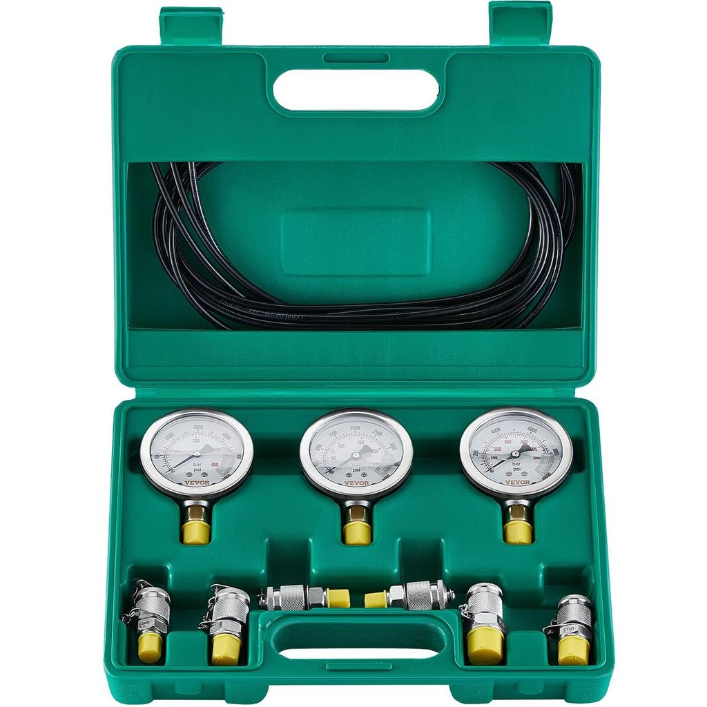 Hydraulic Pressure Test Kit, 250/400/600bar, 3 Gauges 6 Test Couplings 3 Test Hoses, Excavator Hydraulic Test Gauge Set with Portable Carrying Case