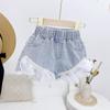 Korean Style Girls' Lace Trim Denim Shorts - Summer Casual Wear