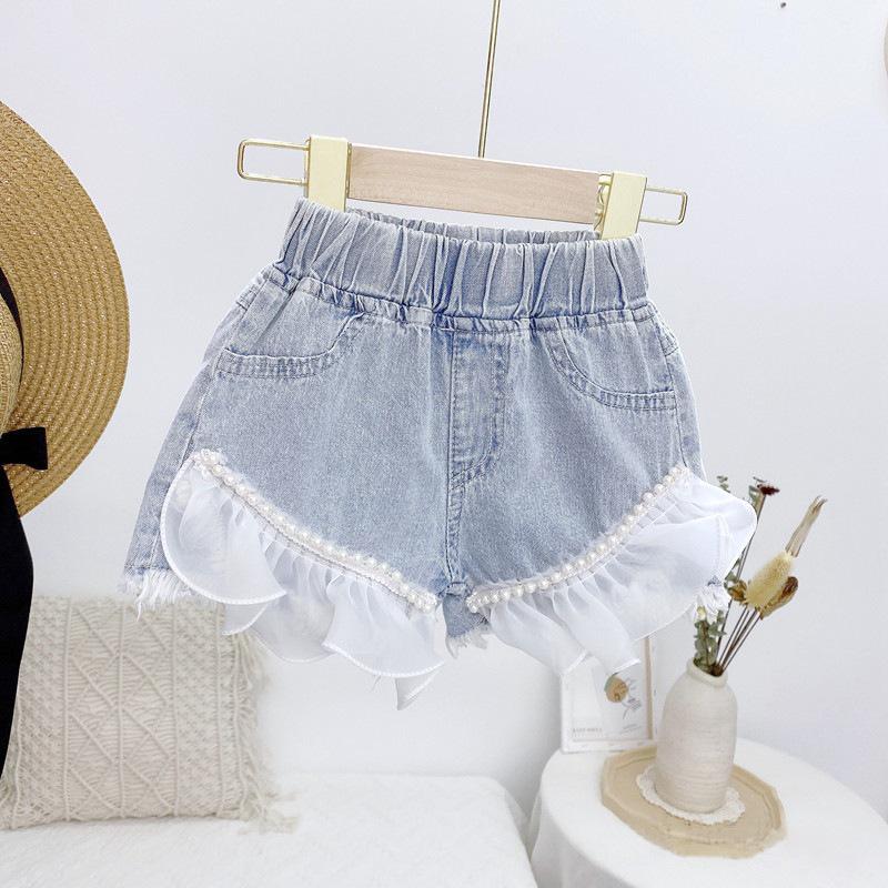 Korean Style Girls' Lace Trim Denim Shorts - Summer Casual Wear