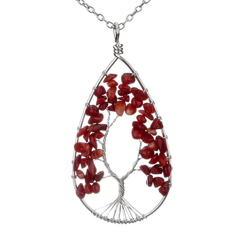 Silver Tree of Life Necklace with Seven-Color Natural Stone and Crystal Water Drop Pendant