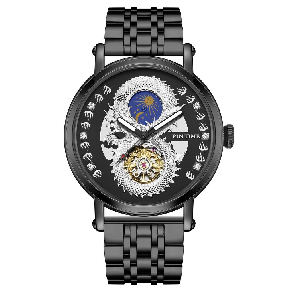 PINTIME Luxury Gold Stainless Watch Dragon Skeleton Mechanical Watch Men Moon Phase Tourbillon Wristwatch