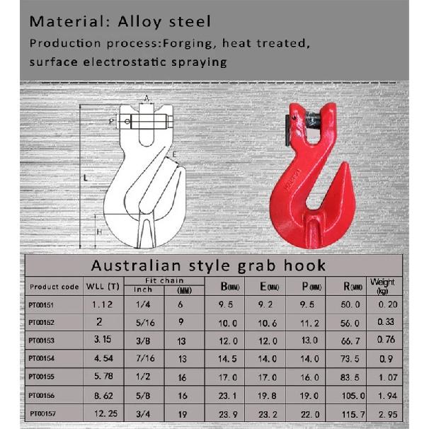 High Strength Crane Lifting 80 Level Goat-horn Shape Clasp With Lock,Australian Style Grab Hook Bearing Weight 1-5 Ton