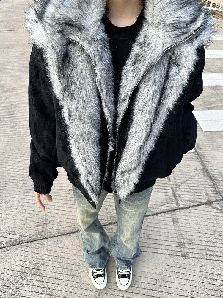 2025 Unisex American Style Faux Two-Piece Mountain Wolf Throne Jacket - Winter Warm Double Layer Shearling Collar Coat