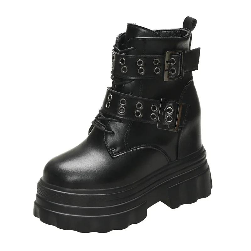

Модные женские мотоциклетные ботинки на высокой платформе высотой 11 см, зимние ботинки на танкетке, ботильоны, массивные кроссовки, новые осенние кожаные панк-ботинки для женщин 39 чёрный