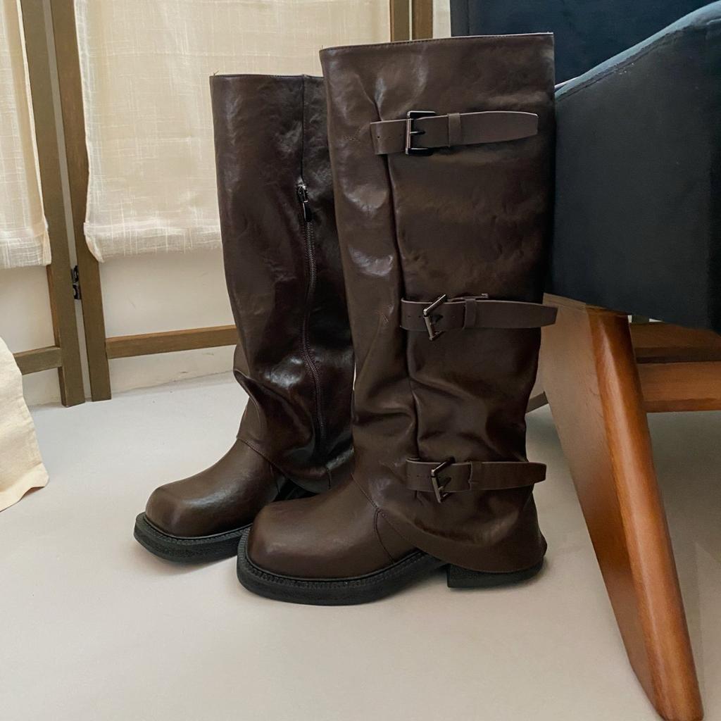 2025 Spring and Autumn New American Retro Style Pleated Design Thick Heel Belt Buckle Personalized Versatile Medium Boots Women