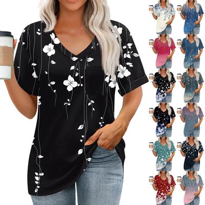 Womens Tops V-neck Short Sleeve Blouses Casual Fashion Print Tunic Tops With Pockets