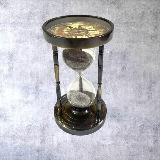 

Brass Hourglass with Compass on Both Ends Decortive Sand Timer for Desk, Home, Office Coastal Decor