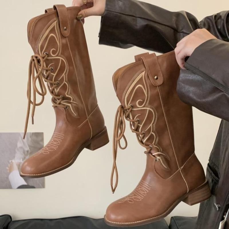 Fashion Retro Butterfly Embroidery Wedges Ankle Boots Women Fashion Rivet Sewing Lace Up Mid Calf Boots Luxury Cozy Brand Designer Boots