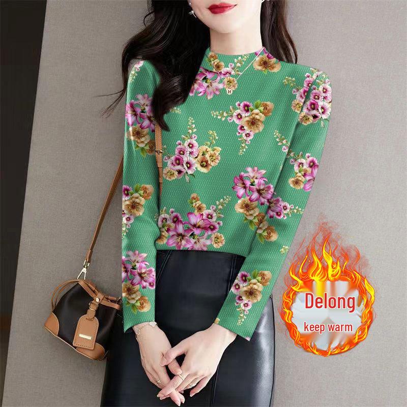 

Women s Floral Plush Ribbed Base Layer Top - Thermal, Half-High Collar, Long Sleeves, Slimming for Autumn/Winter 3XL (135-150 jin)