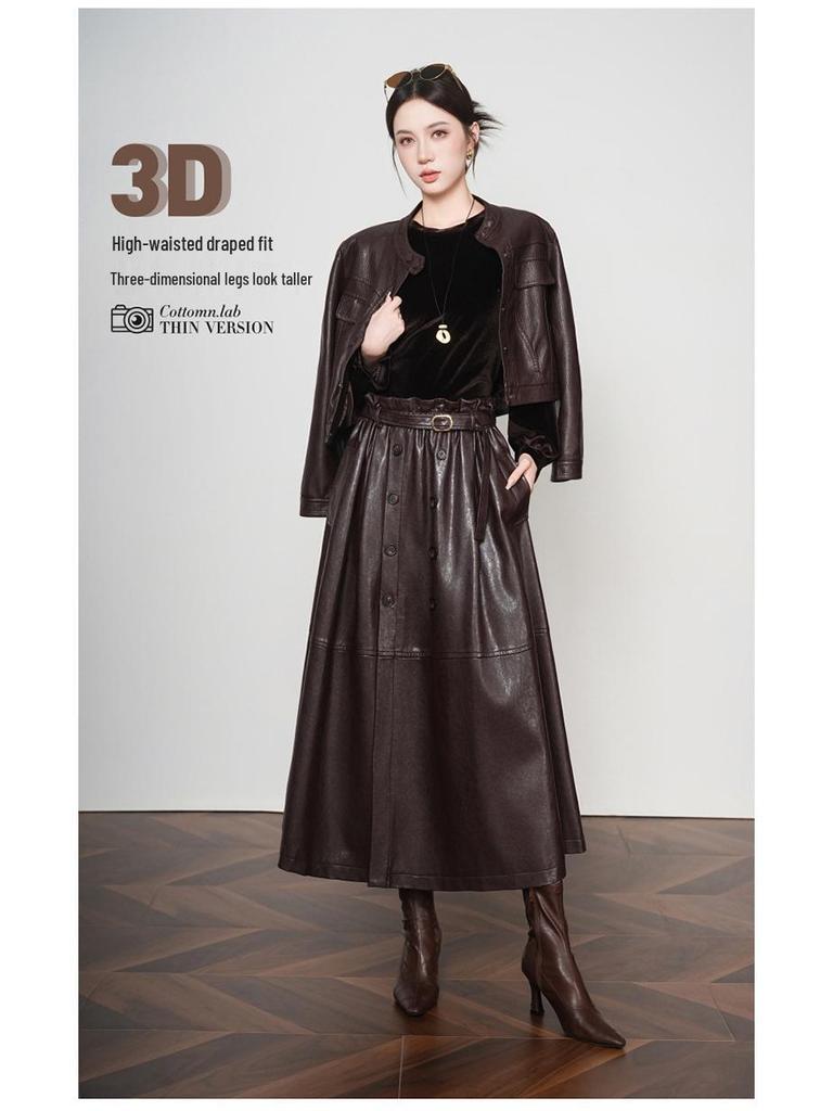 Women's Elegant Lambskin High Waist Pleated A-line Skirt, Mid-length Korean Style
