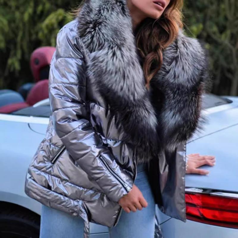 Herfst en Winter Nieuwe Dames Jas met Bontkraag Korte Lange Mouw Gewatteerd met Donskatoen