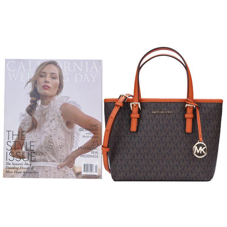 Michael Kors Mk Jet Set Monogram Color Block Tela Rivestita Pelle Borsa Tote Borsa Shopping A Spalla Crossbody Borsa a Mano Mini 35T9GTVT0B-TANGERINE