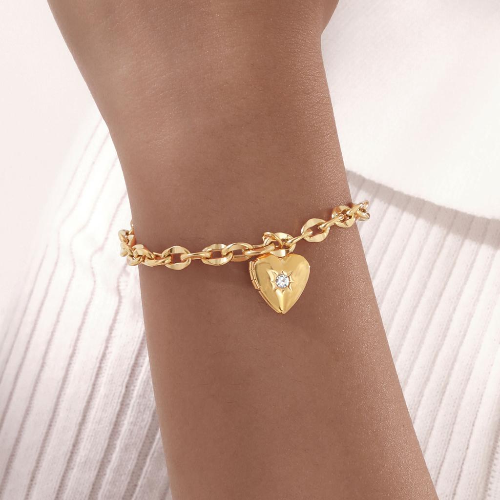 White Zircon Heart Shape Box Bracelet for Women Stainless Steel Gold Color Lip Chain OT Buckle Love Pendant Bracelets Jewelry