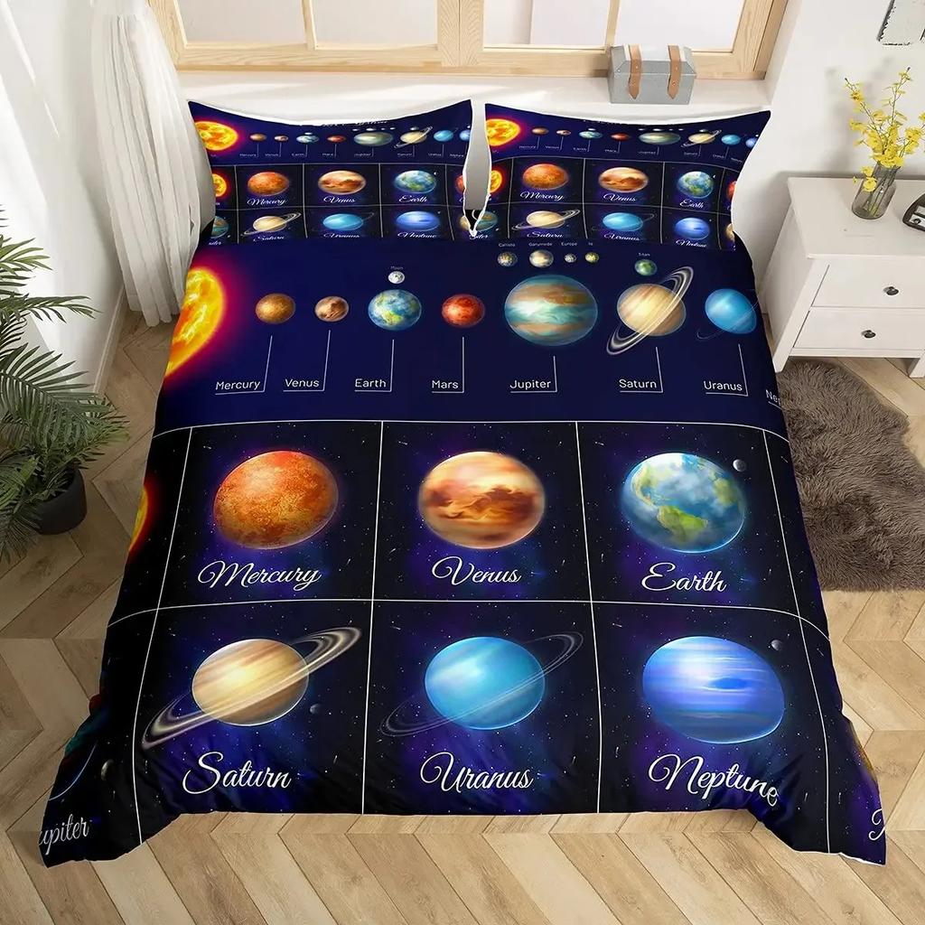 Solar System Bettbezug-Set Weltraum Galaxie Bettwäsche-Sets Universum Planeten Bettdeckenbezug Astronomie Steppdeckenbezug Queen-Size