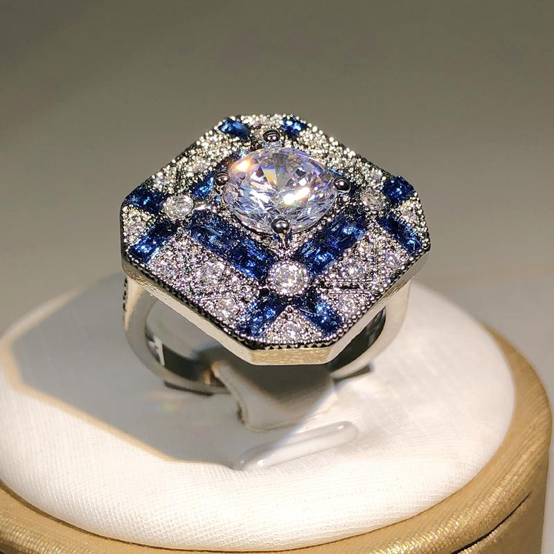 

медь Роскошная Геометрия Большие Кольца Для Мужчин Женщин Синий Белый Циркон Обручальное Кольцо Камень по рождению кольцо с сапфиром 8