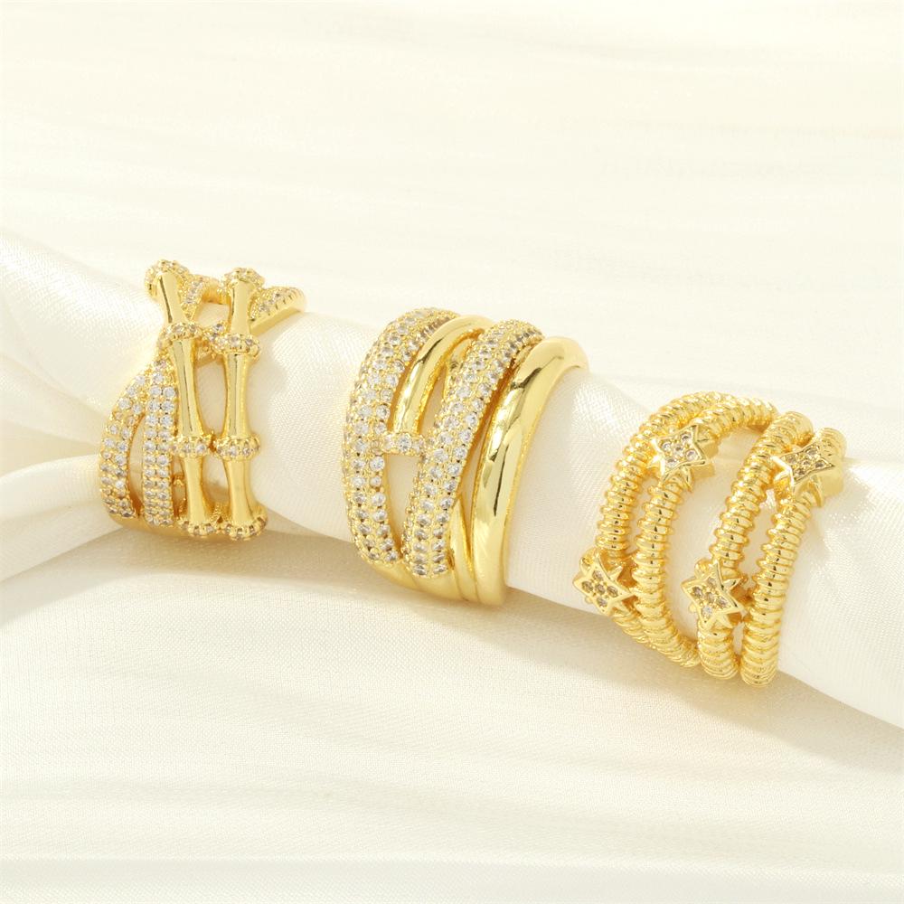 18K Gold-Plated Zircon Crossover Wide Band Ring for Women - Elegant European & American Design with Adjustable Open Finger Style.