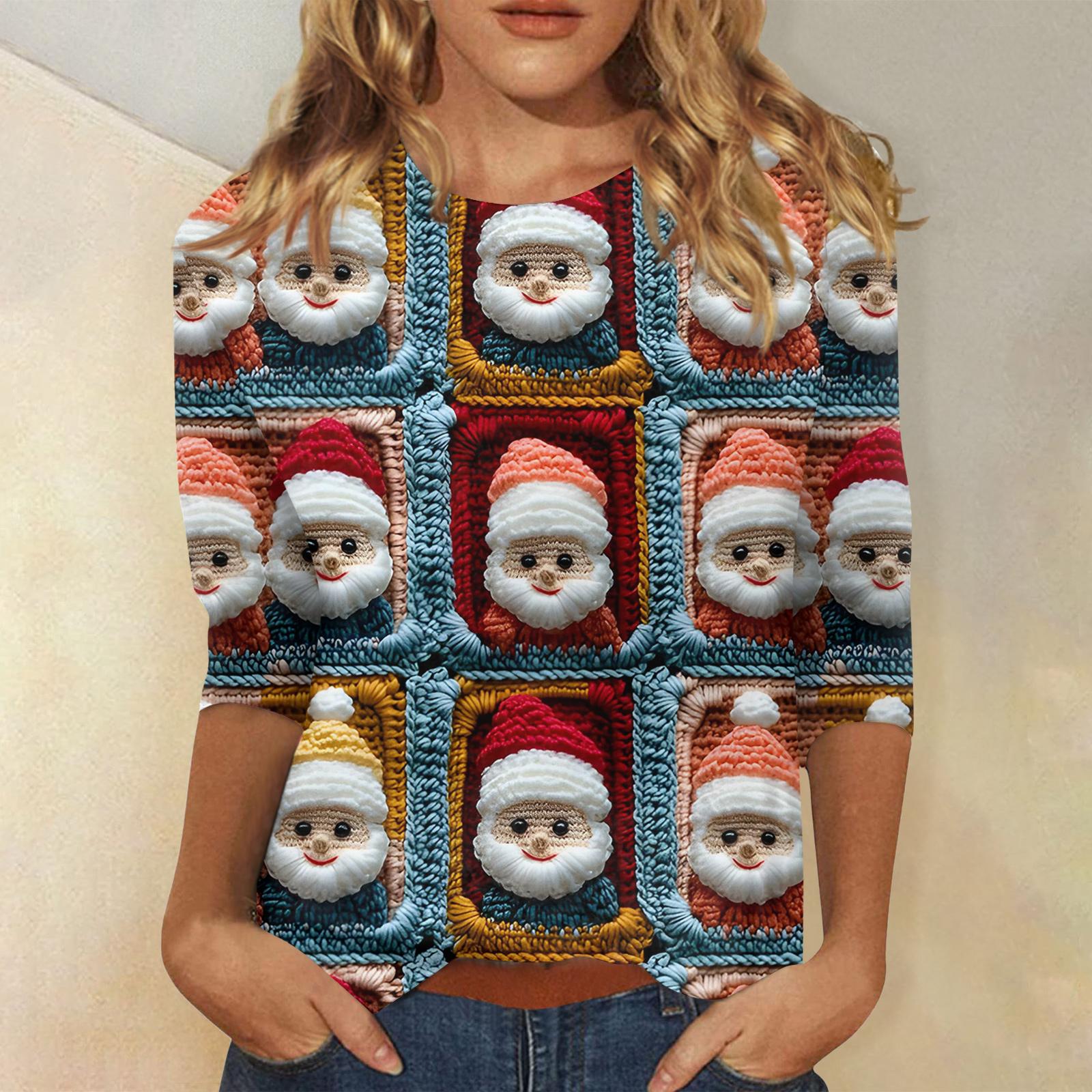 

Женская модная повседневная футболка с рукавом три четверти и рождественским принтом, с круглым вырезом L синий