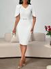 Elegant White V-Neck Slim Fit Half-Sleeve Knee-Length Pencil Dress