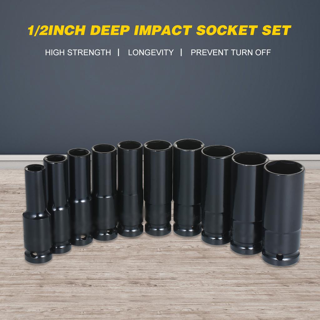 1/2Inch Drive Hex Impact Socket Set 10-Piece Deep Socket Metric Sizes Carbon Steel with