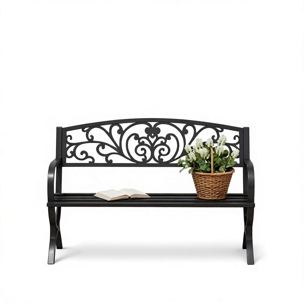 Stylish outdoor bench, garden bench with ornamental backrest design, elegant bench (only with bench)