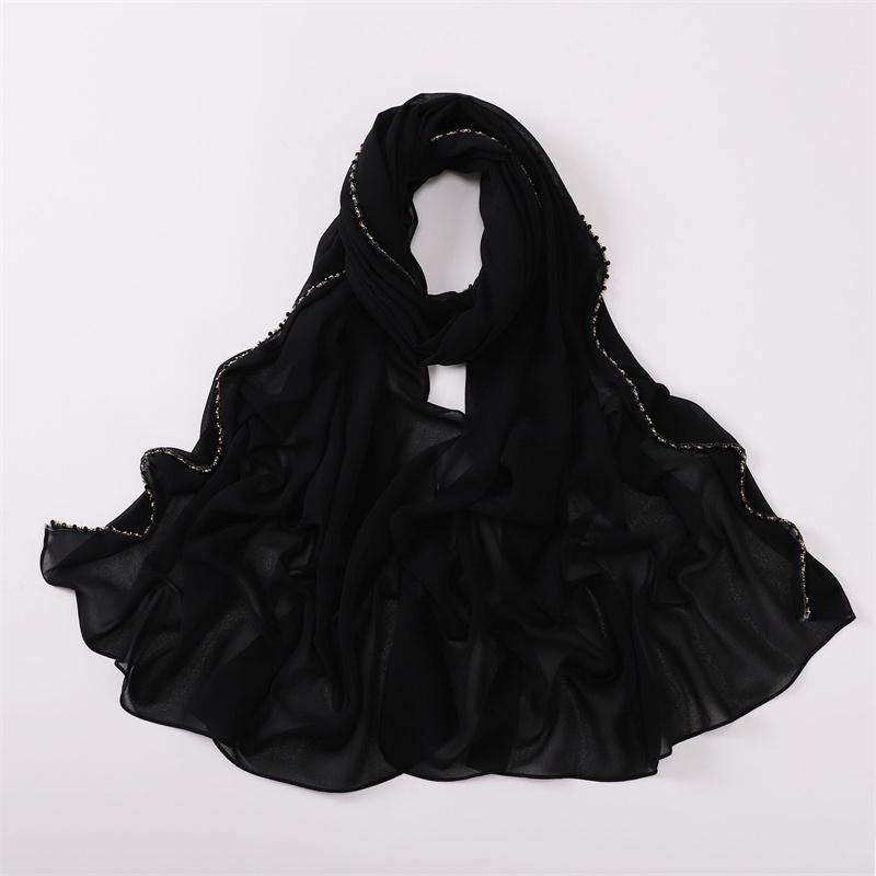 Plain Gold Ball Pearl Chain Bubble Chiffon Instant Shawls Scarf Lady High Quality Beach Stole Bufandas Muslim Hijab 175*70Cm