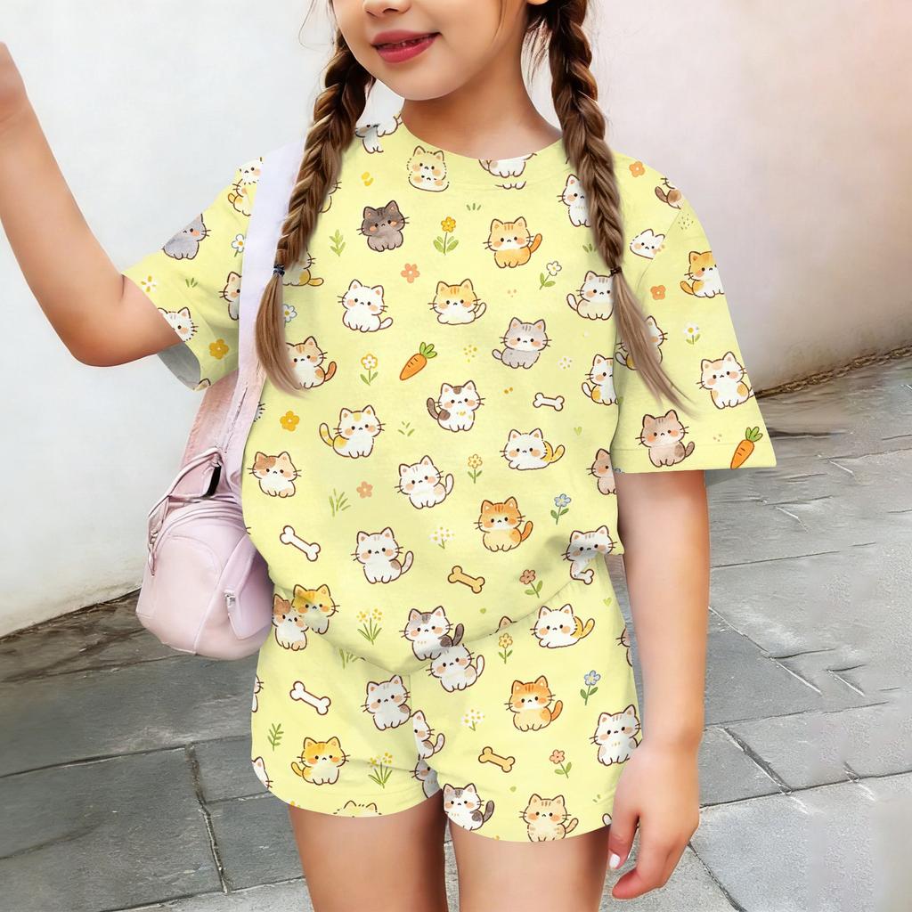 Kids Casual Short Sleeve Top and Shorts Set Animal Print Two Piece Outfit Comfortable Lightweight Soft Fabric Summer Wear