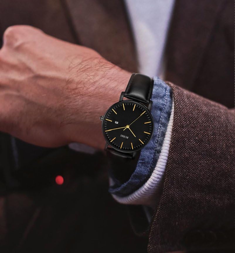 BUREI Men's Analog Quartz Watch with Date Display, Waterproof, Popular, Simple, Stylish, Commuter Watch with Leather Strap (Black, Black, Leather)
