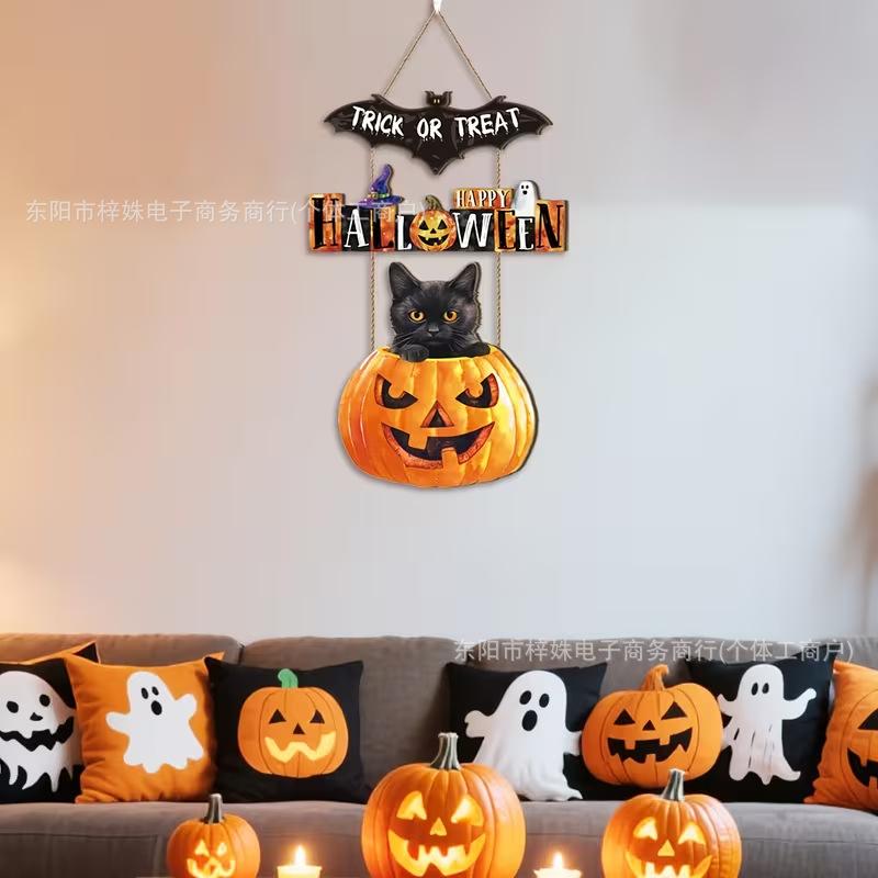 Wooden Halloween Door Hanging Decorations Bat Pumpkin Porch Sign Wall Decor Haunted House Ghost Spider Web Holiday Indoor Outdoor Home Ornament