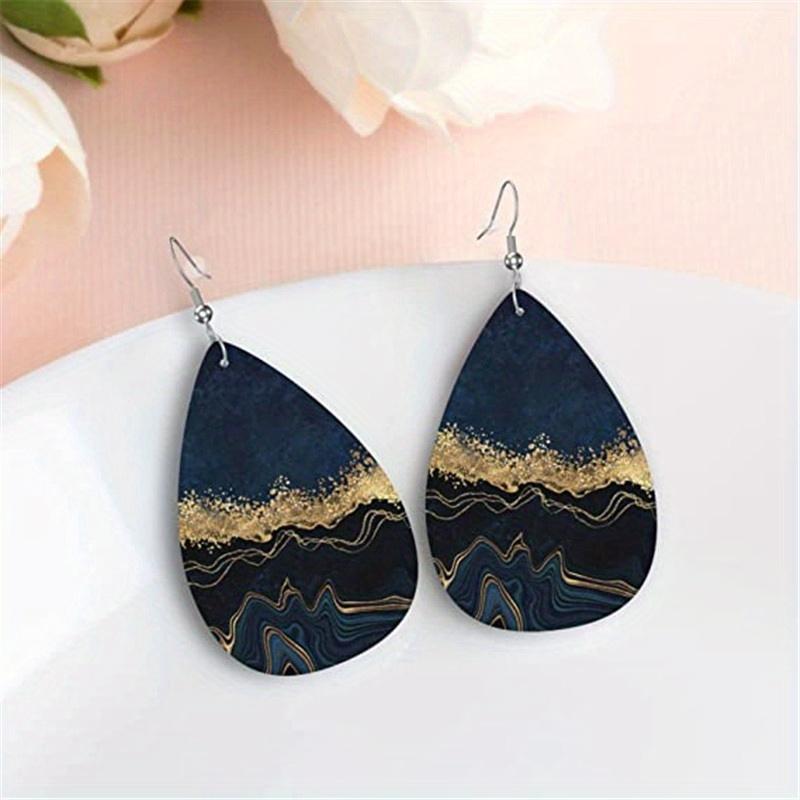 Abstract Ocean Beach Marble Pattern PU Faux Leather Earrings Women's Classic Water Drop Earrings Lightweight Fashion Earrings