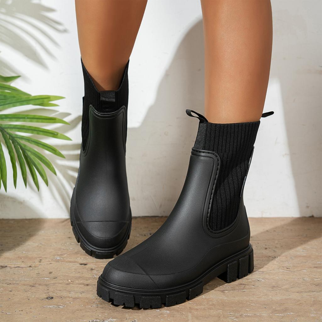 Women's Mid-Calf Rain Boots with Elastic and Thick for Outdoor Commute