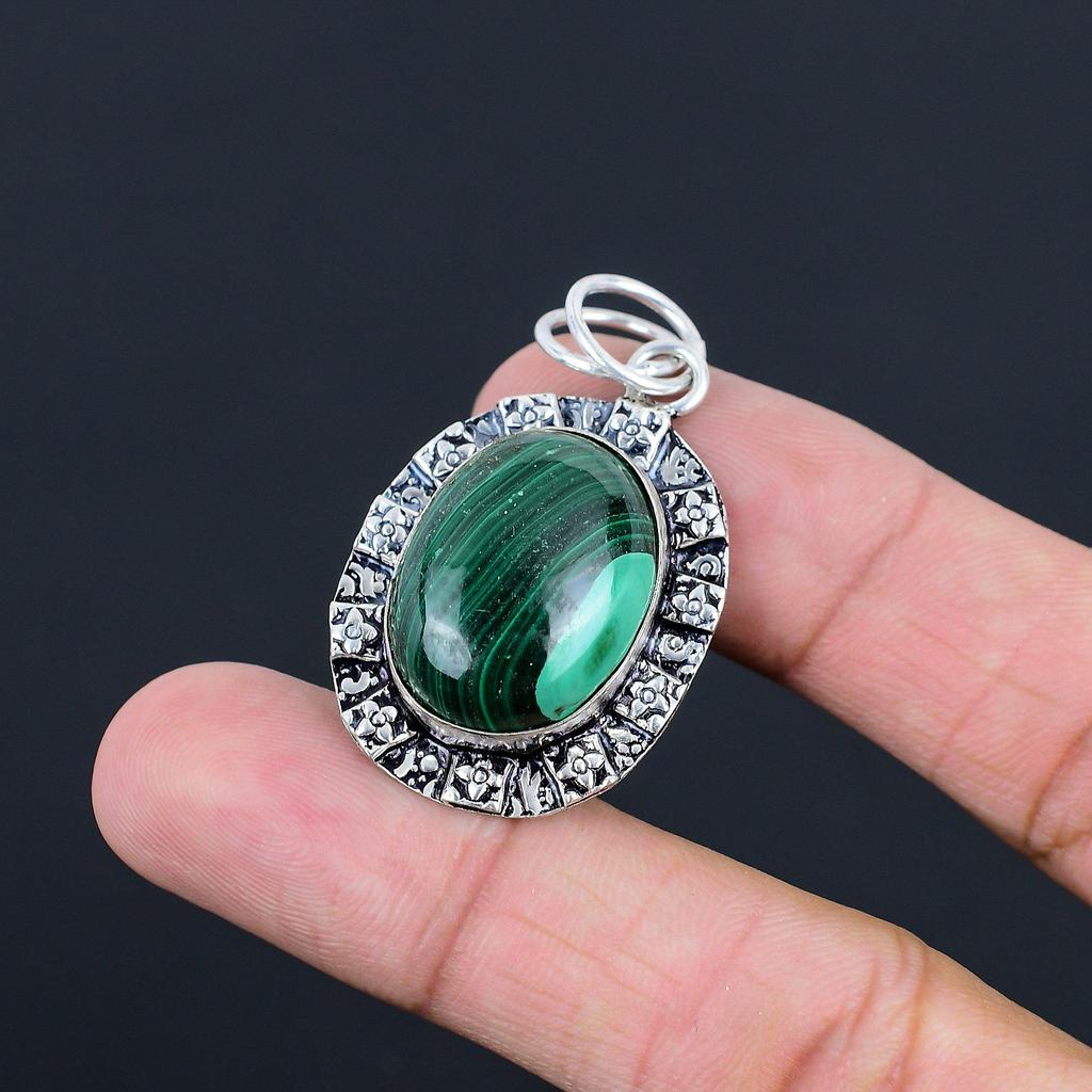 Natural Malachite Gemstone Pendant 925 Sterling Silver Indian Jewelry For Girls
