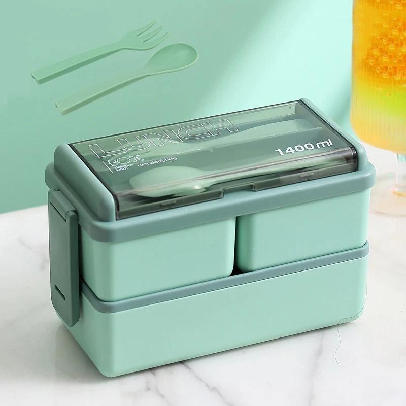 

2 Layer Portable Leakproof Snack Lunch Bento Box Kid Student Microwave Dinnerware Fork Spoon Set Food Storage Container Office зелёный