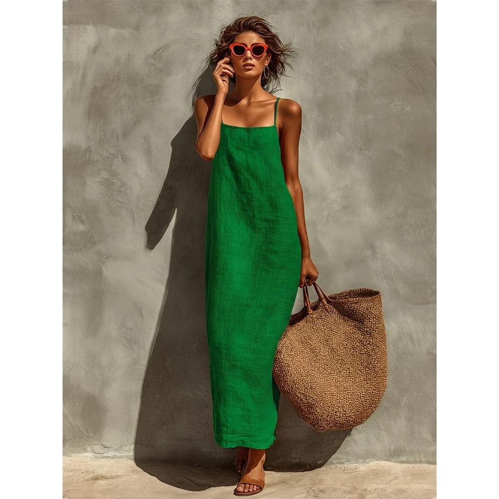 Summer Solid Color Retro Lazy Vibe Cotton Linen Slip Long Dress for Women Sexy Casual Party Dresses