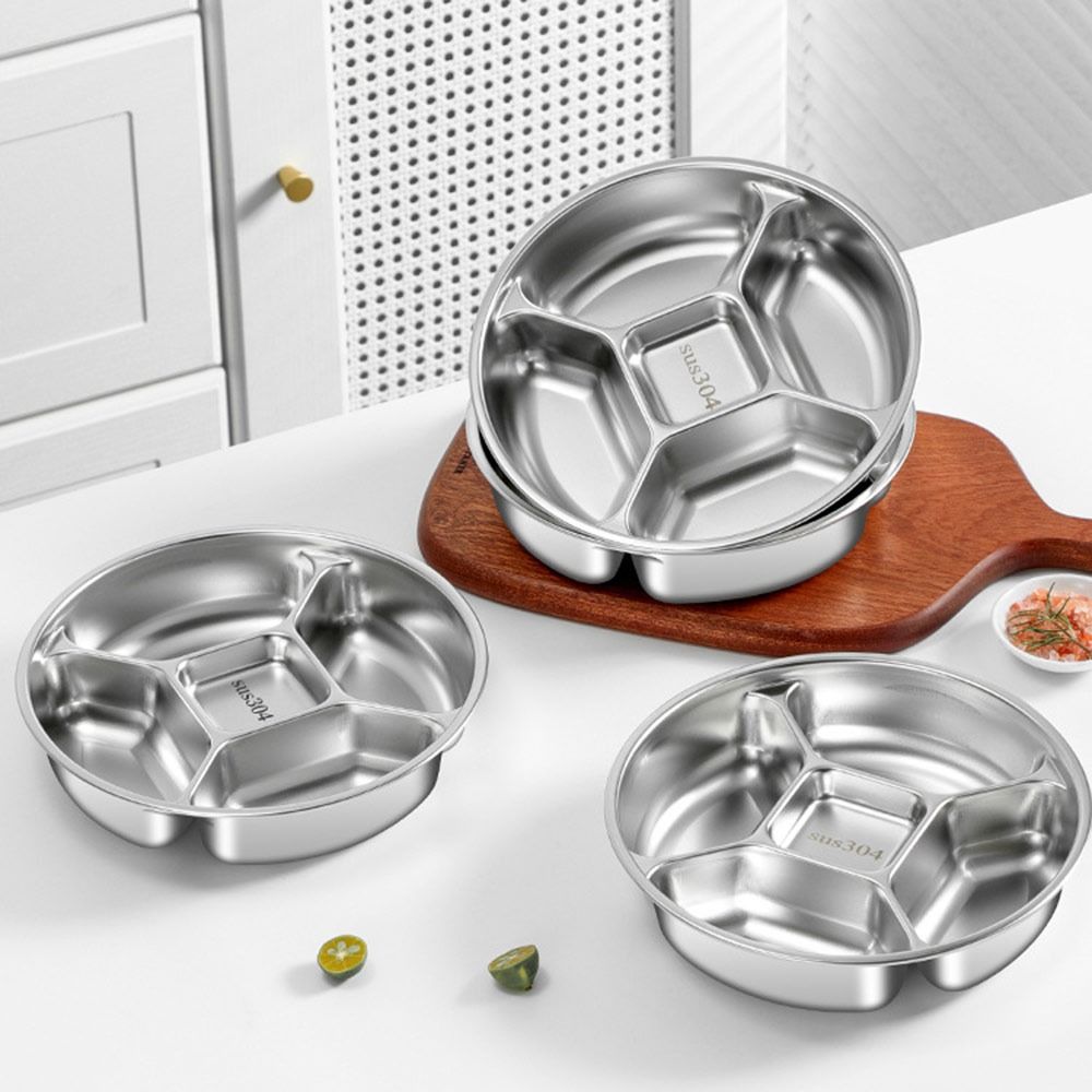 Stainless Steel Kitchen Food Preparation Tray Fall-resistant with Four Compartments 5 Grid Side Dishes Tray Round Dinner Plate
