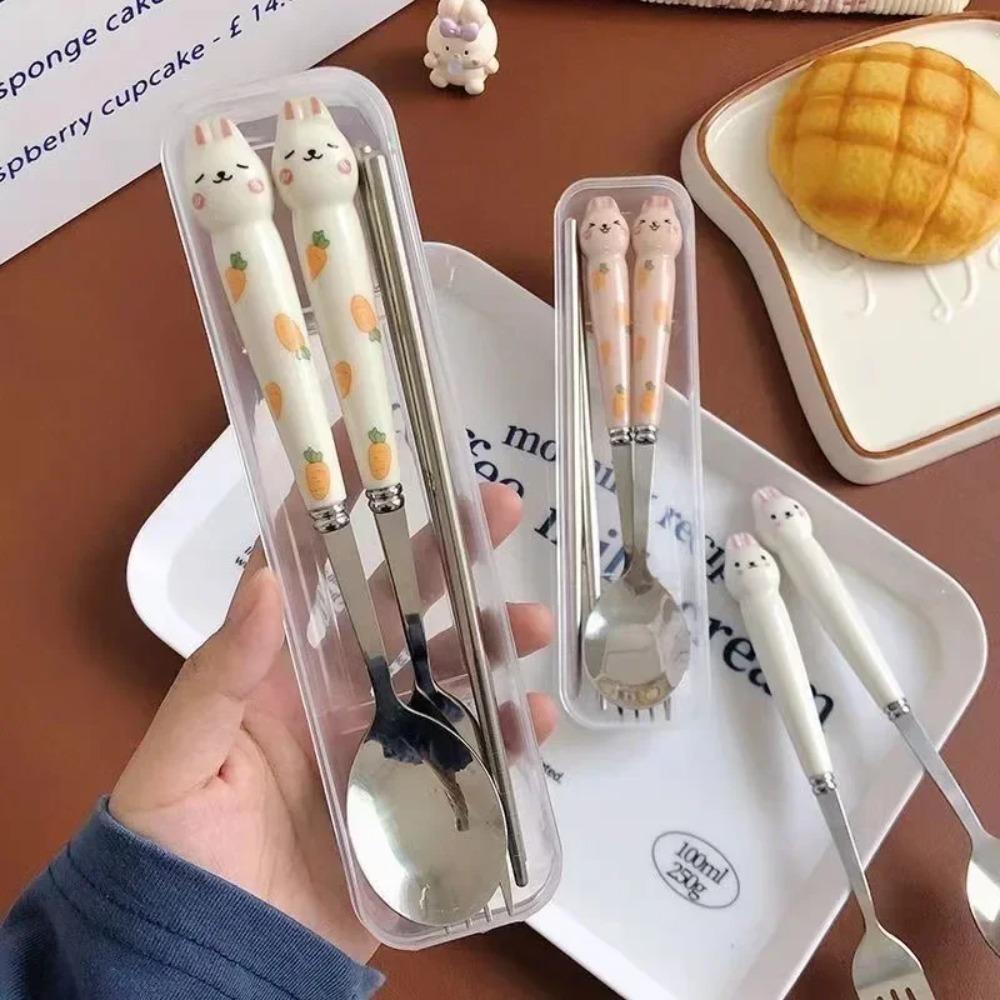 Cutlery Fork Stainless Tableware Chopsticks Rabbit Portable Supplies Dinnerware Spoon Cartoon Lunch Kitchen Steel Travel Sets