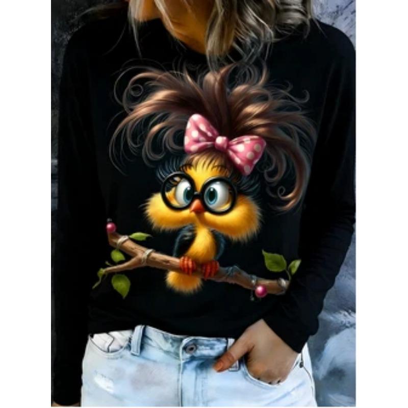 Fun bird print short-sleeved T-shirt for women, loose round neck design, casual age-reducing women's summer wear