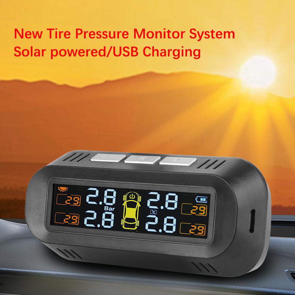 Digital LCD-display Sol-/USB-driven Bil Säkerhetslarm System Däcktrycksövervakningssystem Bil TPMS