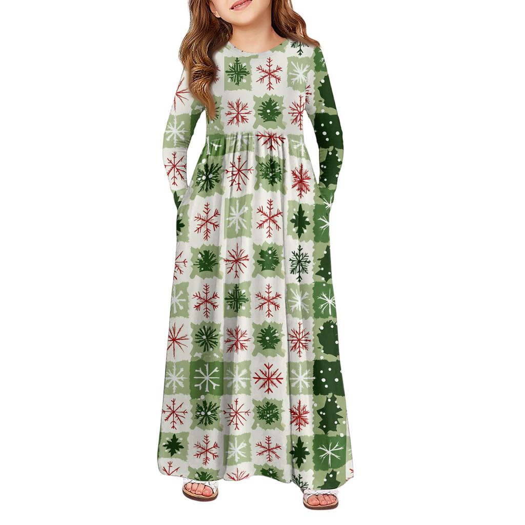 Girls' Maxi Dress - Long Sleeve Pocket Dress Christmas Day