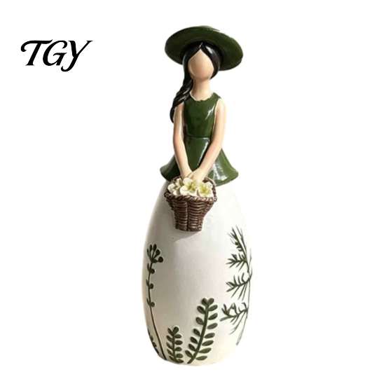 Decorative Girl with Basket Figurine Nordic Style Resin Flower Basket, Creative Desktop Ornament Dried Arrangement Holder for Home Decor, Aesthetic