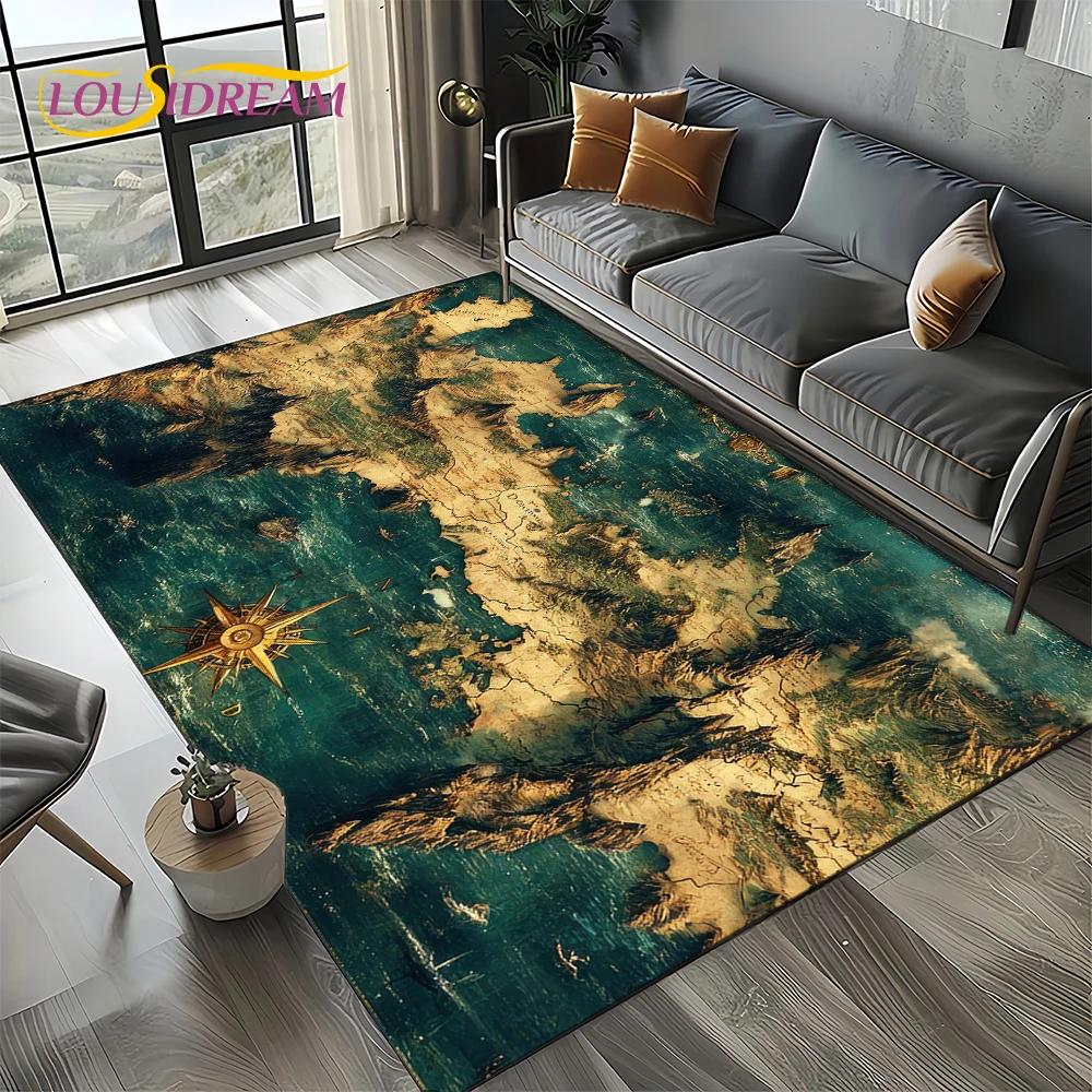 2025 Retro Ancient Nautical Chart Kraft World Map Compass Carpet Rug for Living Room Bedroom Sofa Decoration,Non-slip Floor Mat