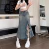 High Waist Denim Skirt With Asymmetrical Fish Tail Split Retro Blue A-Line Midi Women
