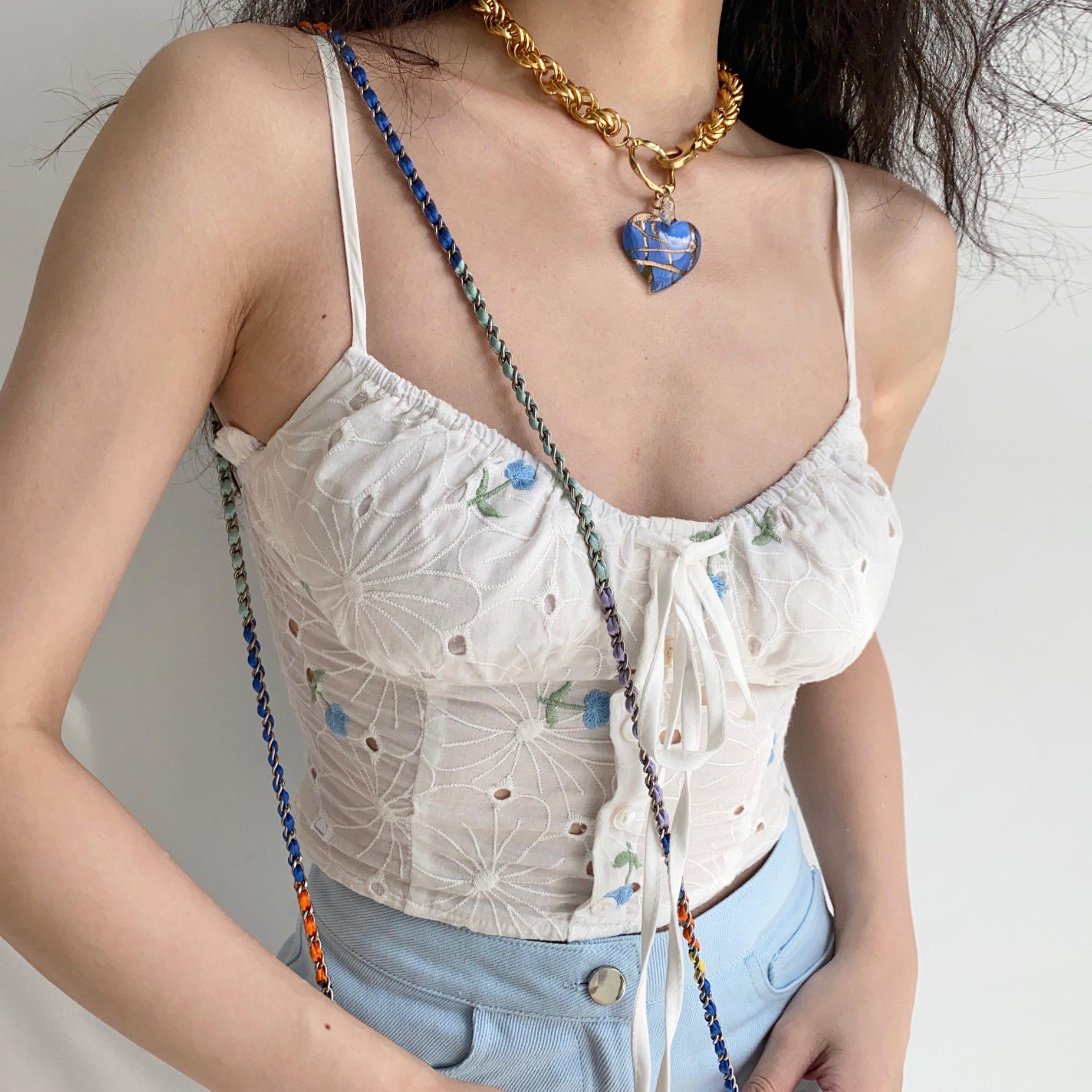 Women s Retro French Lace-up Embroidered Camisole L белый