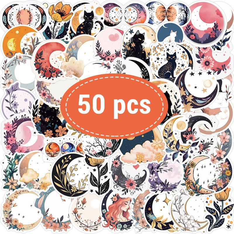 

50PCS Moon Flower Stickers Art Flowers Cat Vinyl Waterproof Decals for Water Bottles Laptop Luggage Cup Computer Mobile Phone