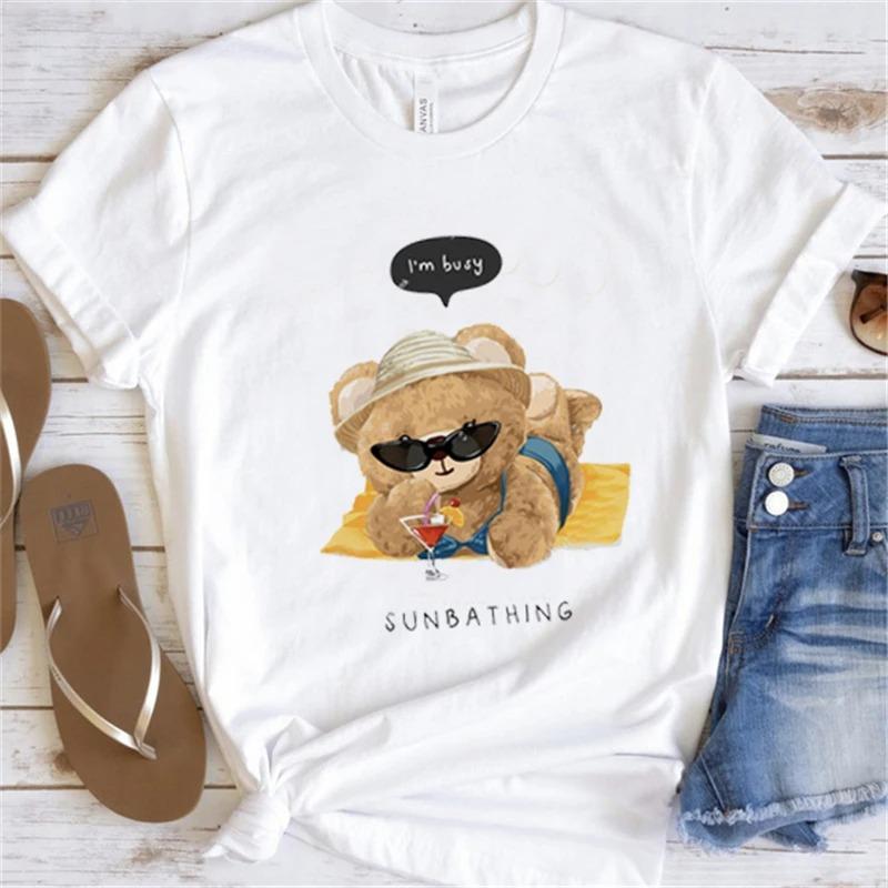 Cute Little Bear Print TShirt Summer Trend White Short Sleeve Neck Casual Sports Aesthetic Clothes Womens Graphic T Shirts